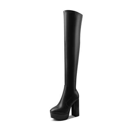 Botas femininas plus size acima do joelho, salto alto grosso