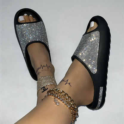 Chinelos de strass femininos peeptoe sola grossa sapatos moda slides verão