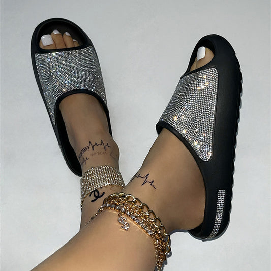 Zapatillas de mujer con diamantes de imitación y punta abierta, zapatos de suela gruesa, sandalias de moda para verano