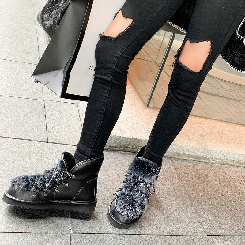 Botas de nieve con cordones de piel de conejo