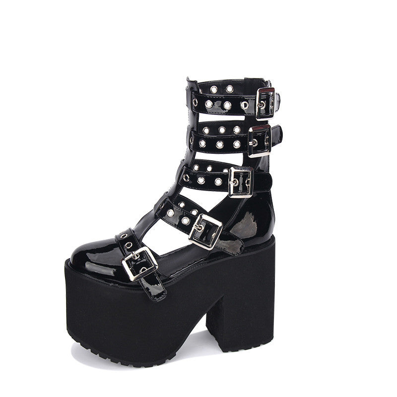 Zapatos de plataforma con hebilla de cinturón antideslizante estilo punk, de tubo alto y oscuro, para mujer