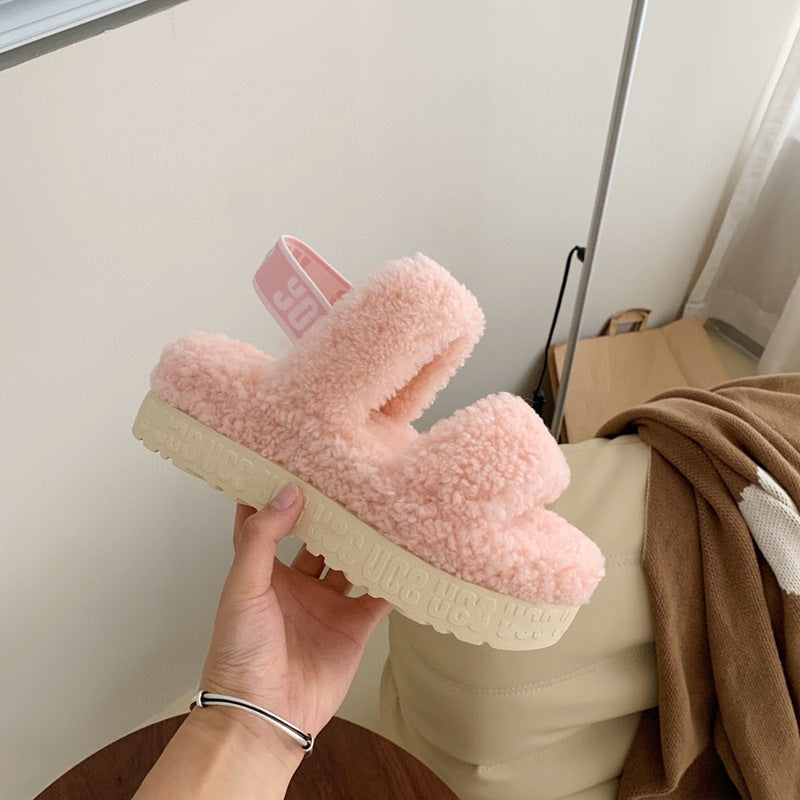 Pantuflas de plataforma de bizcocho de lana de peluche peluda para otoño e invierno