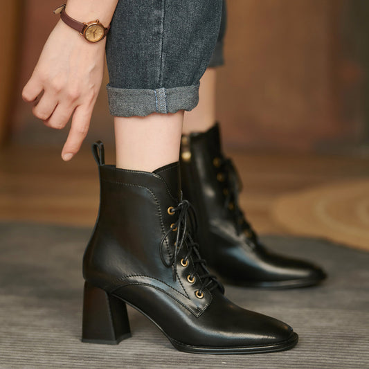 Botas de tacón alto cortas y sencillas con cordones estilo retro británico para mujer, otoño e invierno 2022