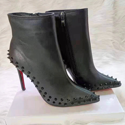 Botas de mujer de gamuza con punta puntiaguda y remaches grises, botas de tacón de aguja, botas Martin de estilo británico con cremallera lateral