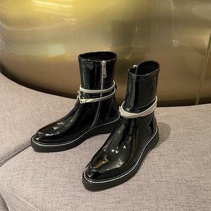 Botas Martin de couro envernizado preto bico fino estilo britânico feminino