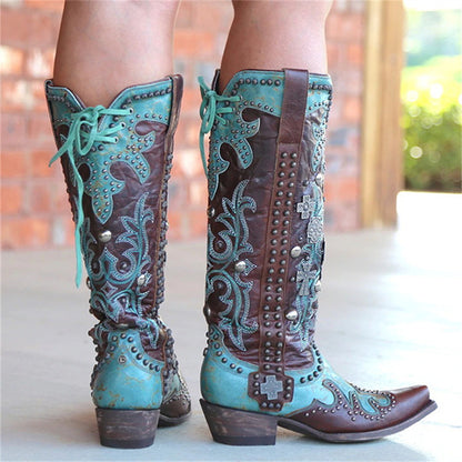 Women's Pointed Thick Heel Embroidered Printed Lace-up Mid-tube Boots