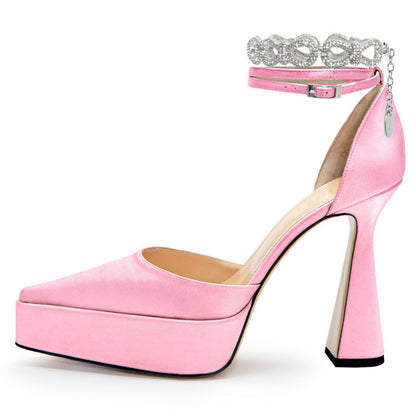 New Pointed Toe Strap Rhinestone Chunky High-heeled Sandals