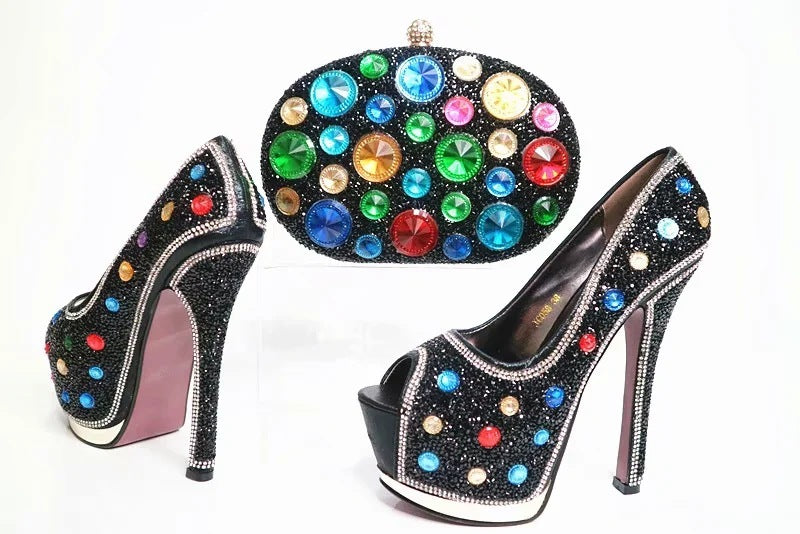 Stiletto Pointed Fish Mouth High Heels Rubber Spot Rhinestone Dinner Bag