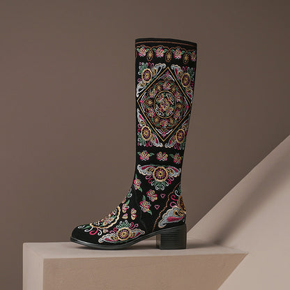 Botas altas con flores bordadas esmeriladas para mujer