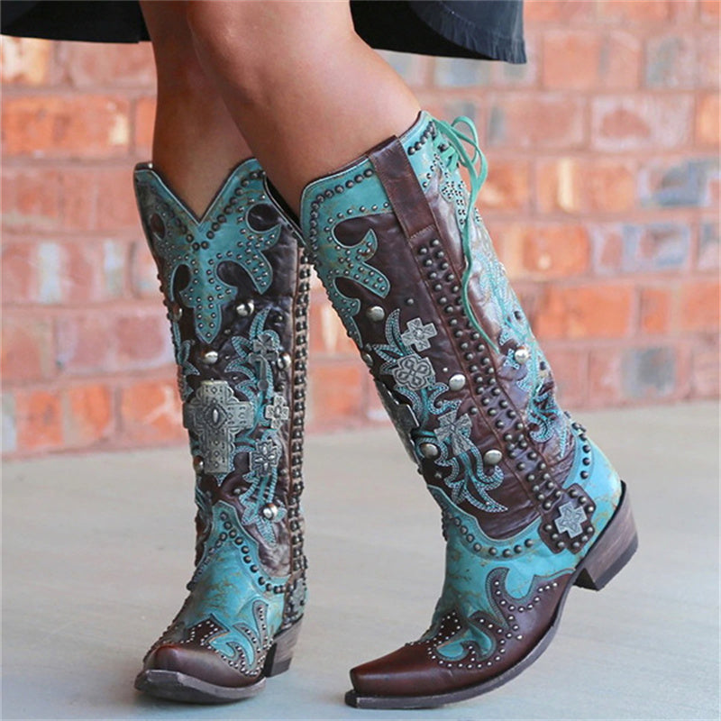 Women's Pointed Thick Heel Embroidered Printed Lace-up Mid-tube Boots