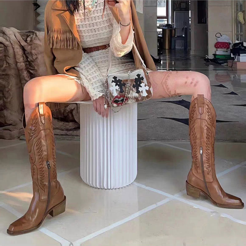 Botas vaqueras estilo western con tacón grueso y punta cuadrada estilo retro para mujer