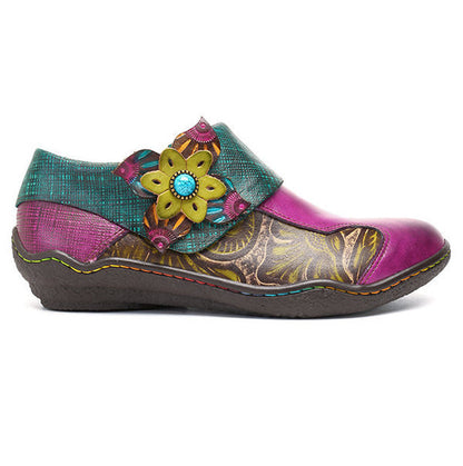 Zapatos planos retro hechos a mano con piel estampada y flores étnicas para mujer