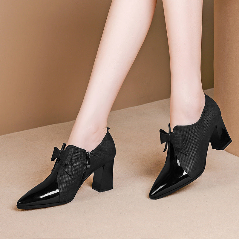 Thick-heel Pointed Deep-mouth Single Shoes Color Matching Large Bow High-heeled Shoes