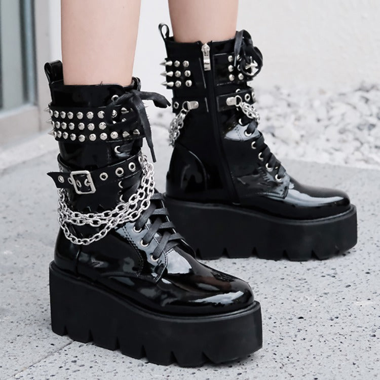 Autumn And Winter New Patent Leather Rivet High Heel Platform Martin Boots