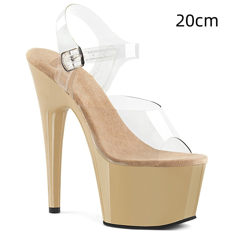 Zapatos de baile en barra con tacón de aguja de 17 cm, sandalias con punta abierta y hebilla, plataforma impermeable, para desfiles nocturnos, pasarelas y tacones altos