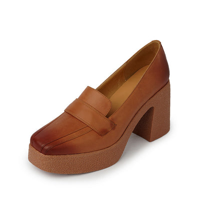 Zapatos retro de mujer con suela gruesa y punta cuadrada de cuero