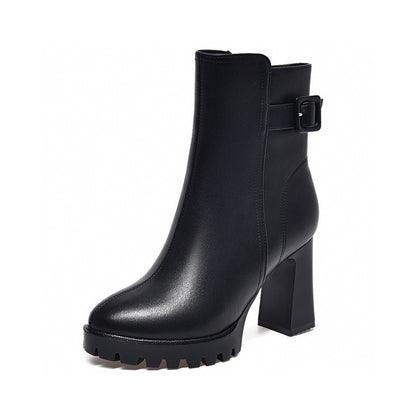 Botas de couro de salto alto plataforma elegantes femininas com fivela de cinto