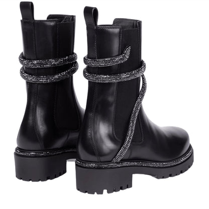 Botas de tornozelo estilo cavaleiro com plataforma de strass e cachimbo de fumaça