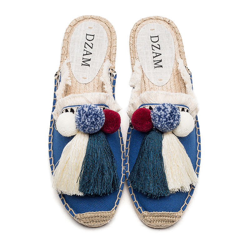 Fringed Straw Slippers Casual Lazy Fur Ball Linen Flat