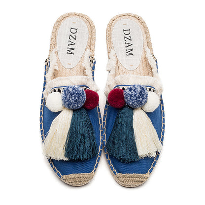 Fringed Straw Slippers Casual Lazy Fur Ball Linen Flat