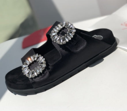 RV Rhinestone Square Buckle Leather Slippers Outer Wear Women's  Toe Double Ring Strap Flat Sandals