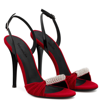 Sandalias de tacón alto con diamantes de imitación en terciopelo negro y rojo de estilo europeo y americano