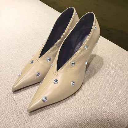 Nuevos zapatos de abuela con tachuelas de diamantes y tacón cónico para mujer