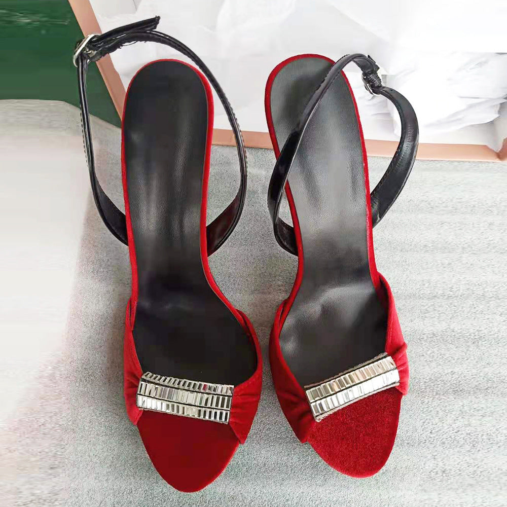 Sandalias de tacón alto con diamantes de imitación en terciopelo negro y rojo de estilo europeo y americano