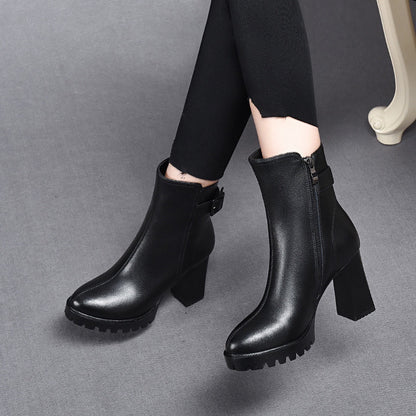 Botas de couro de salto alto plataforma elegantes femininas com fivela de cinto