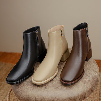 Botas de couro de vaca macias e simples, outono e inverno, novas botas de salto médio grosso, bico redondo, marrom, para mulheres