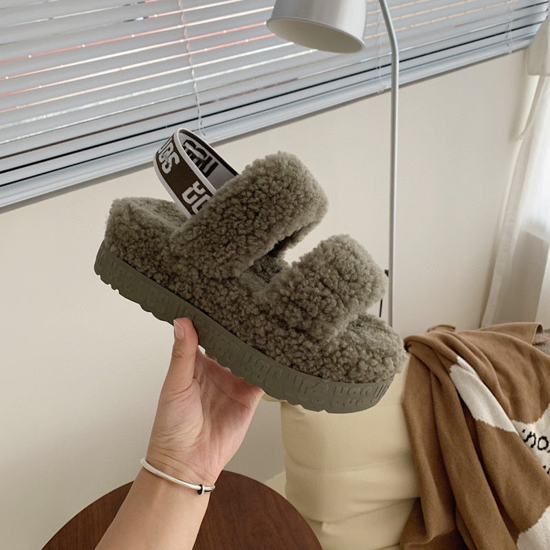 Pantuflas de plataforma de bizcocho de lana de peluche peluda para otoño e invierno