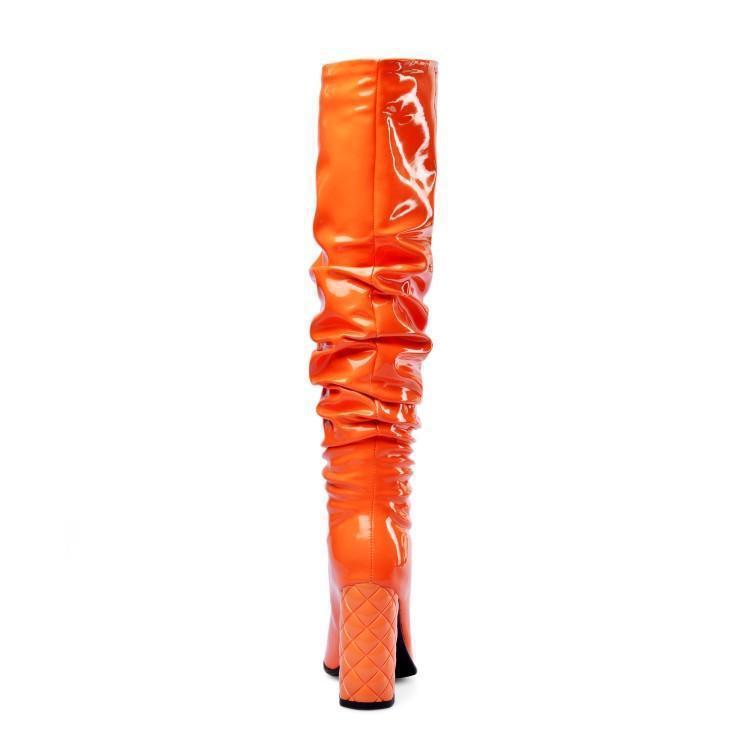 Botas por encima de la rodilla de color naranja con tacón grueso de nueva moda para mujer