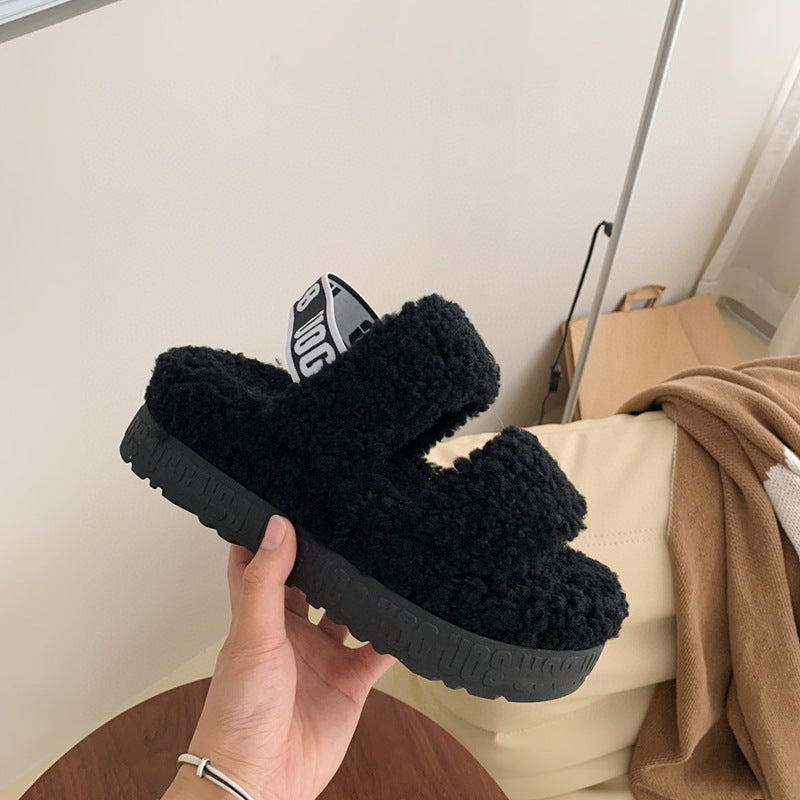 Pantuflas de plataforma de bizcocho de lana de peluche peluda para otoño e invierno