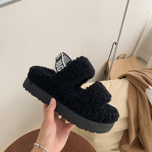 Pantufas plataforma de bolo de esponja de lã de pelúcia de outono e inverno