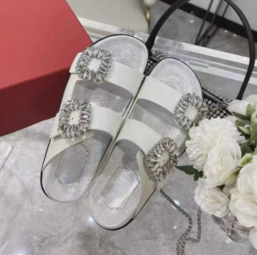 RV Rhinestone Square Buckle Leather Slippers Outer Wear Women's  Toe Double Ring Strap Flat Sandals