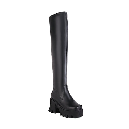 Platform High Heel 40 43 Large Size Solid Color Over The Knee Women's Boots