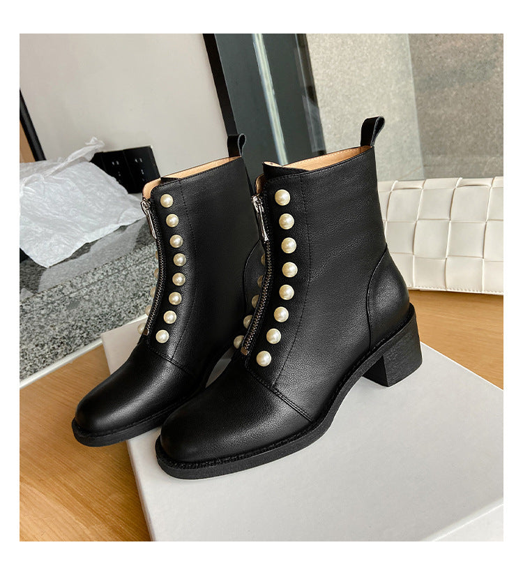 Botas cortas de cuero de punta redonda para mujer de nuevo estilo