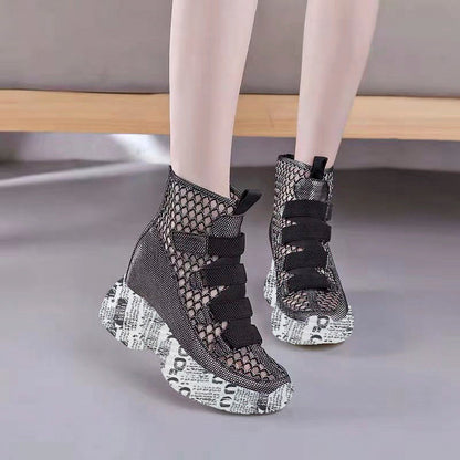 Mesh Hollowed Out Boots Breathable Thick Soled Wedge Heels Inside Heightening Women's Cool Boots