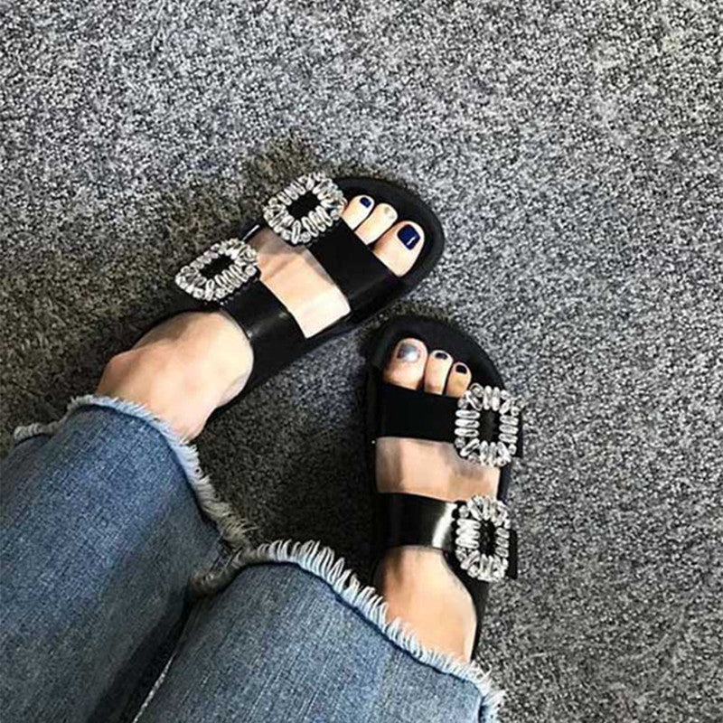 Sandalias planas de cuero con hebilla cuadrada y diamantes de imitación para mujer