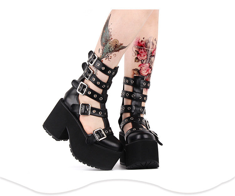 Zapatos de plataforma con hebilla de cinturón antideslizante estilo punk, de tubo alto y oscuro, para mujer