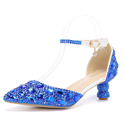 Zapatos de mujer de verano de caña baja, nuevos, de color azul, con tacón de calabaza puntiagudo y diamantes de imitación, a la moda, para banquetes de boda