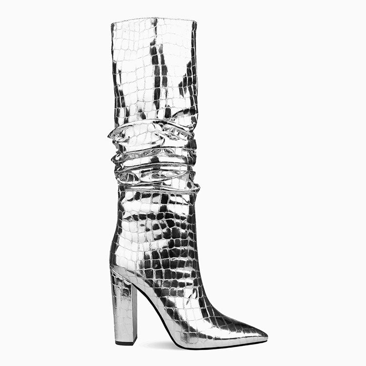 Padrão de pedra de metal grosso salto alto Stovepipe Plus Size botas femininas de cano médio