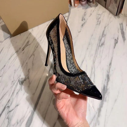 Tacones de aguja de malla sexy con costuras para mujer con punta puntiaguda