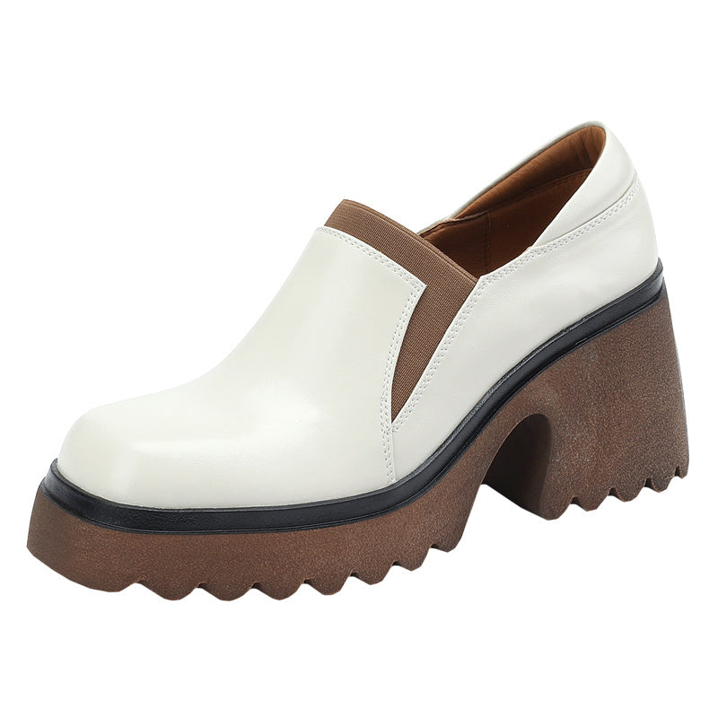 Retro Style Single Shoes Chunky Heel Platform Slipon