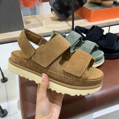 Sandalias de velcro con tiras gruesas en la parte inferior de cuero genuino para mujer, de primavera y verano, con punta abierta y aumento de altura