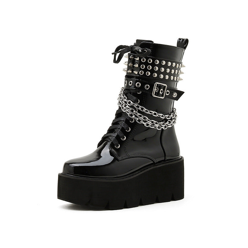 Autumn And Winter New Patent Leather Rivet High Heel Platform Martin Boots