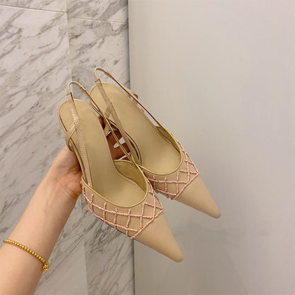 Sandalias Baotou de estilo francés con perlas y tacón fino de seda puntiaguda para mujer