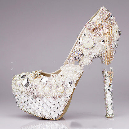 Sapatos de casamento de cristal de luxo com luz de pérola à prova d'água de salto alto