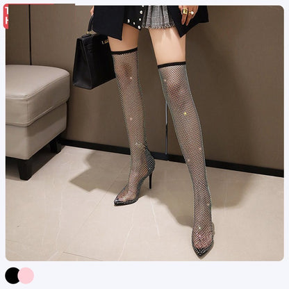 High-heel Stiletto Rubber Sole High-top Over-the-knee Rhinestone Mesh High-heeled Shoes