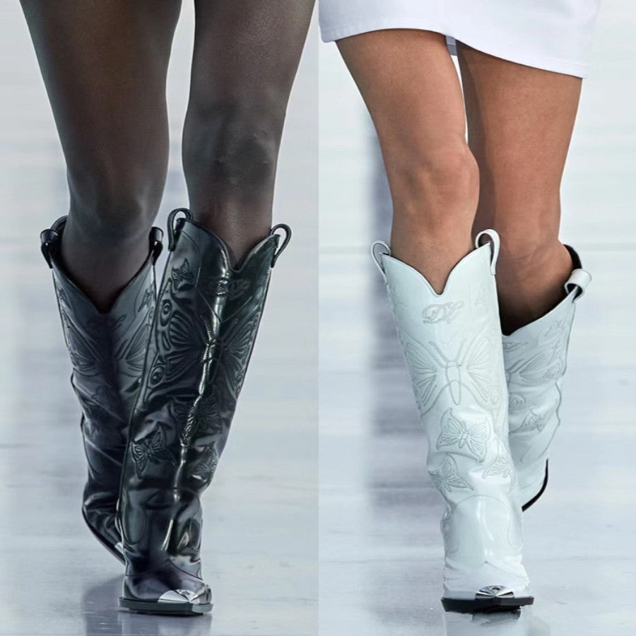 Botas femininas de salto alto, bico fino, com laço bordado